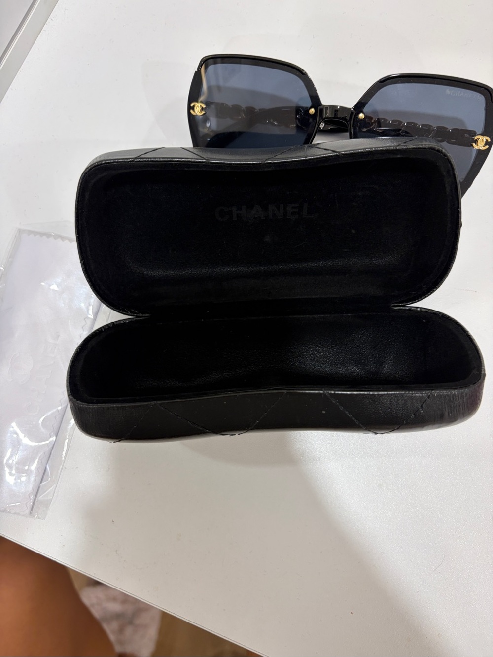 CHANEL Black Oversized Square Sunglasses with Gold CC Chain Detail - Picture 6 of 8